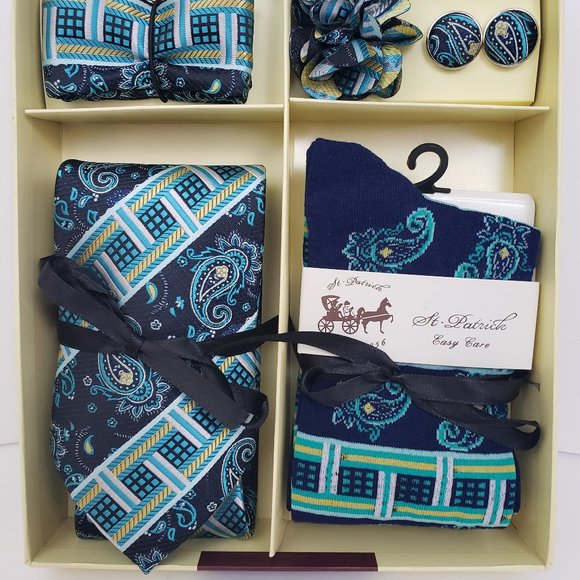 St. Patrick Blue Green Neck Tie & Sock Box 5 Set